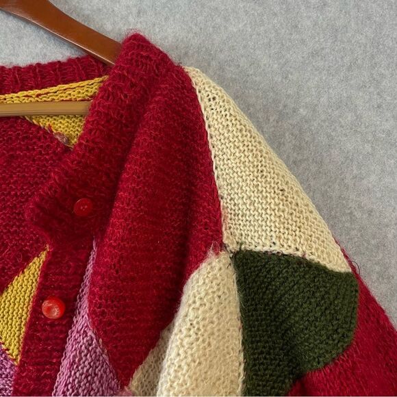 VIntage Hand Knit Patchwork  Cardigan Sweater Mohair Blend sz.L/XL #KK - Picture 4 of 7